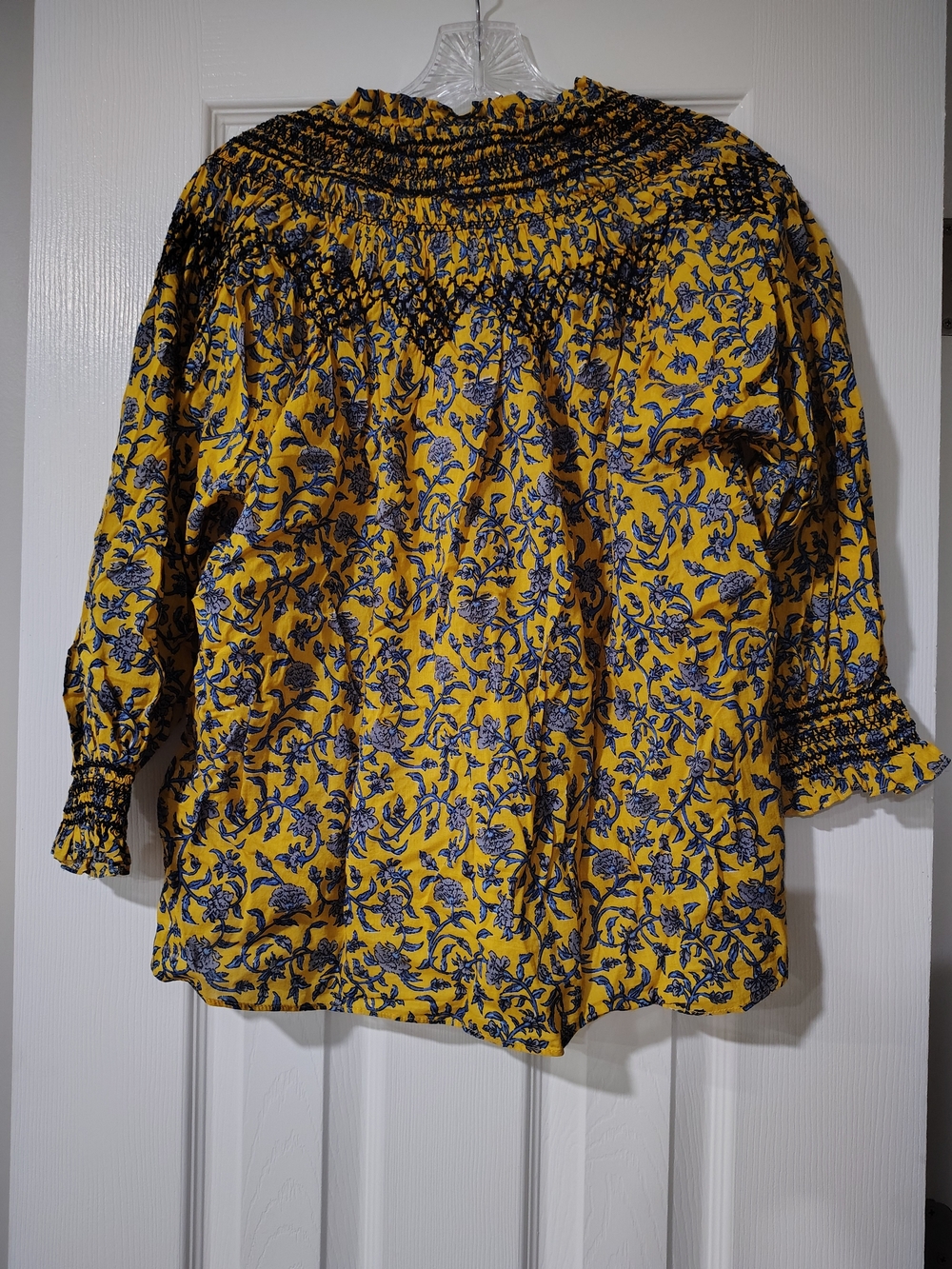 Zara Yellow Floral Smocked Blouse with Navy Print